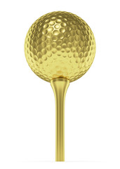 Golden golf-ball on tee isolated on white