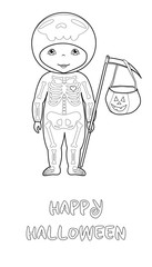 Halloween vector coloring page with cute skeleton