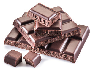 Pieces of chocolate bar isolated on a white background.