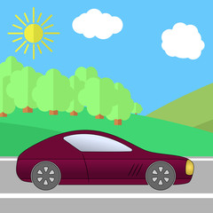 Fototapeta premium Dark Red Sport Car on a Road on a Sunny Day. Summer Travel Illustration. Car over Landscape. 