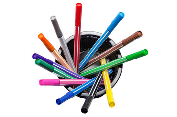 different colored markers in metal stand isolated