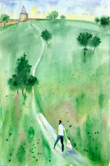 Fototapeta premium Watercolor painting. Illustration of summer landscape with old tower, green meadow and trees.