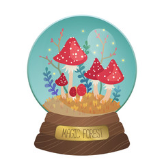 Autumn glass ball with mushroom, fireflies and floral elements. Vector illustration for fairy tales. Magic forest.