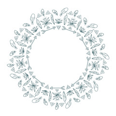 Vector round frame of boho mandala with feathers and arrows. Bohemian hipster hippie doodle style.