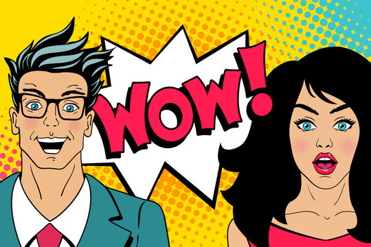 Wow faces. Handsome happy young surprised man in glasses and sexy surprised woman with open mouths and speech bubble with wow lettering. Vector colorful cartoon background in retro pop art comic style