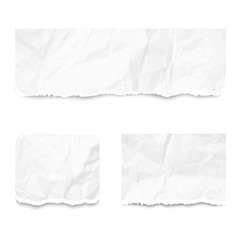Set of realistic pieces of white torn crumpled paper, isolated on white background. Vector illustration.