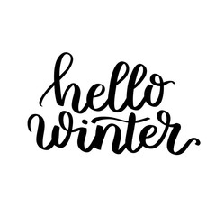 Hello winter text. Vector Brush lettering Hello Winter. Vector card design with custom calligraphy. Winter season cards, greetings for social media.