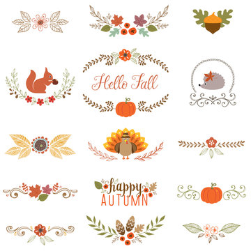 Autumn set with turkey, squirrel, hedgehog, fall leaves, floral motifs, pumpkin, acorn, wreath, laurels and banner.