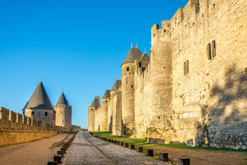 Fototapeta na wymiar The tilt yard and external ramparts in Old City of Carcassonne - France