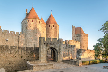 Fototapeta na wymiar View at the Narbonnaise Gate to Old City of Carcassonne - France