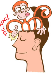 Fototapeta premium Mischievous monkey going out of the head of a man in meditation. The monkey is knocking on the front of the man's head. The man keeps meditating, perfectly serene and half-smiling