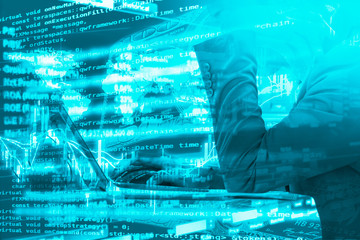 Algorithmic investment and trading concept. Double exposure of business man using laptop computer, stockgraph, trading data and computer coding.