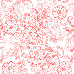 hand drawn flowers and leaf seamless pattern in russian folk style. vector floral background