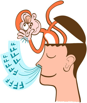 Mischievous monkey going out of the head of a man in meditation. The monkey is listening to the man's breathing. The man keeps meditating, half-smiling and concentrated on his own breathing