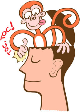 Mischievous monkey going out of the head of a man in meditation. The monkey is knocking on the front of the man's head. The man keeps meditating, perfectly serene and half-smiling