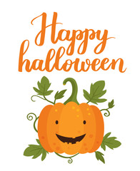 Vector illustratiom Happy Halloween with cute pumpkin. On white isolated background.