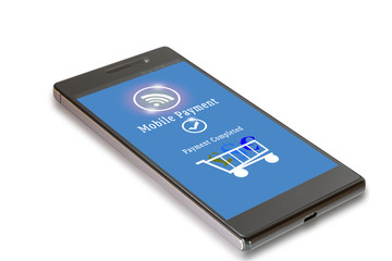 Mobile commerce and payment concept. Smart phone with mobile payment application on white background.