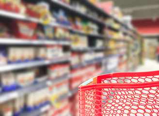 abstract supermarket cart and shelfs blured background