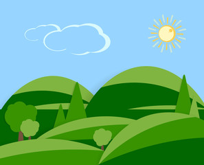 Fototapeta premium Bright daytime rural scenic with mountains in background. Flat style vector illustration.Eps10