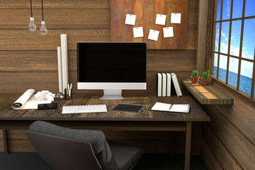 3D Rendering : illustration of modern creative workplace.PC monitor on wooden table and wooden room.translucent curtain and glass window with sunlight shining from the outside