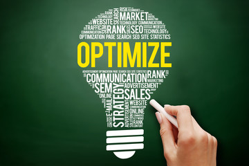 OPTIMIZE bulb word cloud collage, business concept on blackboard
