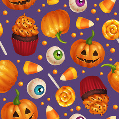 Materiał do szycia Raster seamless pattern with halloween sweets. Spooky autumn illustration on purple background.