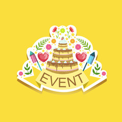 Event Template Label Sticker With Cake And Fireworks