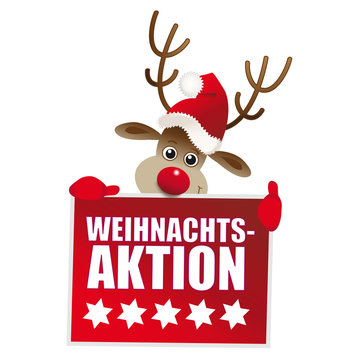 Rentier hält Werbetafel mit der Aufschrift Weihnachtsaktion