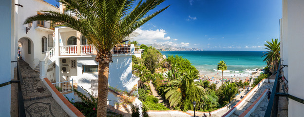 Sunny panoramic view of Mediterranean sea from viewpoint of Europe's balcony in Nerja, Andalusia province, Spain. - obrazy, fototapety, plakaty