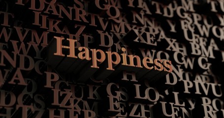 Happiness - Wooden 3D rendered letters/message.  Can be used for an online banner ad or a print postcard.