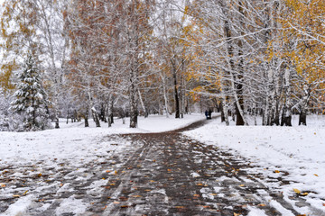 Track in autumn park covered with first snow
