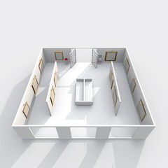 3d interior rendering of exhibition room with picture frames