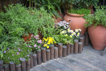 flowers and clay pots in the garden