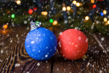 New year, Christmas background with multicolor christmas decorations on wooden table.