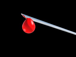 Needle of syringe with red blood drop. Isolated over black