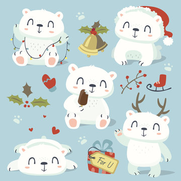 vector cartoon style cute polar bear set