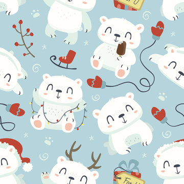 vector cartoon style cute polar bear seamless pattern