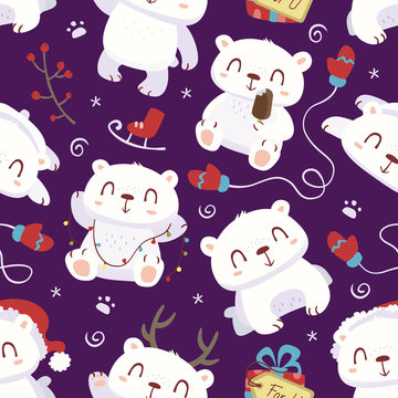 vector cartoon style cute polar bear seamless pattern