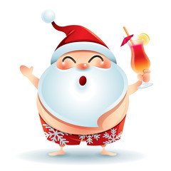 Santa Claus wearing swimsuit chilling out with cocktail