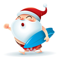 Santa Claus wearing swimsuit holding a surfer board