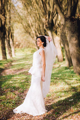Gorgeous brunette bride in wedding dress with fallen leaves bouquet posing in sunny autumn park/Happy Beautiful young bride in white dress sitting in autumn park among fallen leaves