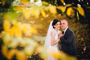 Kissing bride and groom in their wedding day near autumn tree