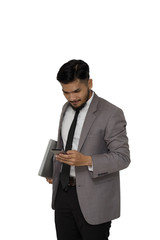 Businessman with smart IT on white background