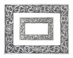 old decorative silver frame - handmade, engraved - isolated on w