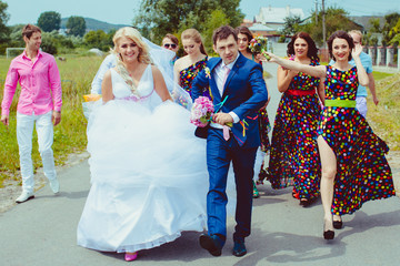 Happy wedding column march on the top of a column