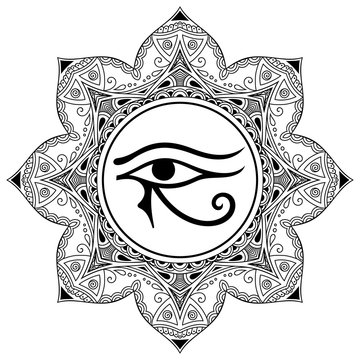 Circular pattern in the form of mandala. The ancient symbol Eye of Horus. Egyptian Moon sign - left Eye of Horus. Mighty Pharaohs amulet. Decorative pattern in oriental style.
