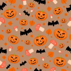 Halloween seamless pattern with pumpkins, bats and amanitas