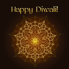 Happy Diwali. Indian festival of lights. Greeting card with shiny floral mandala and gold glitter.