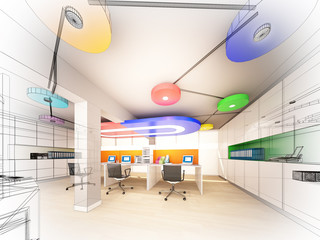 Naklejka premium sketch design of interior office, wire frame 