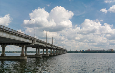 A long concrete bridge across the Dnieper River. Ukraine.